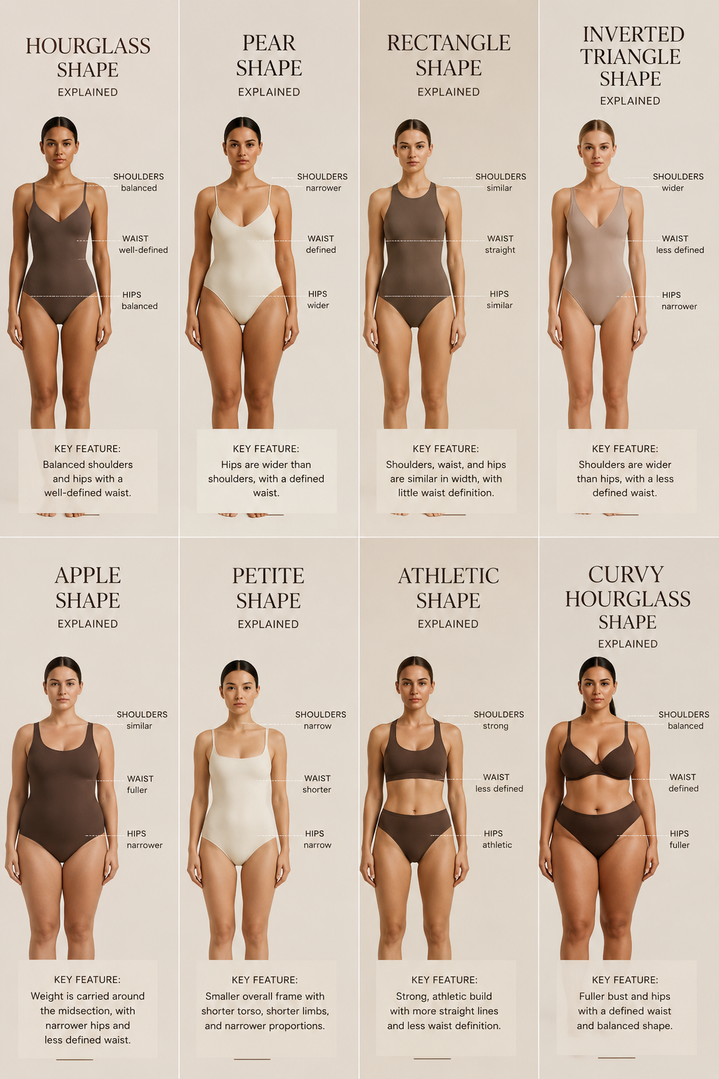 The 8 female body shapes explained: hourglass, pear, rectangle, inverted triangle, apple, petite, athletic and curvy hourglass — a visual guide by Ana Lascarro Beachwear