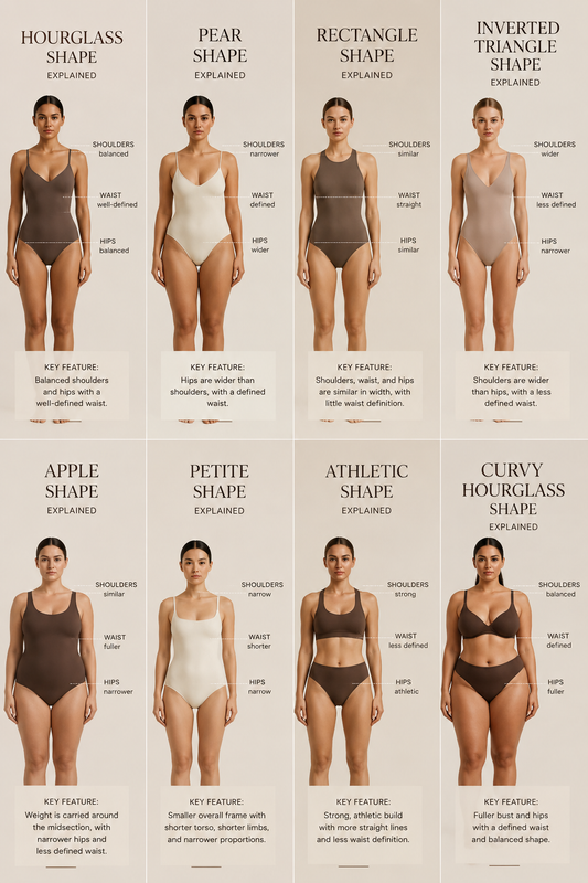 The 8 female body shapes explained: hourglass, pear, rectangle, inverted triangle, apple, petite, athletic and curvy hourglass — a visual guide by Ana Lascarro Beachwear