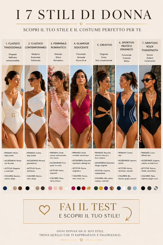I 7 stili di donna — infografica con i sette stili femminili e il costume da bagno ideale per ciascuno. Ana Lascarro Beachwear.
