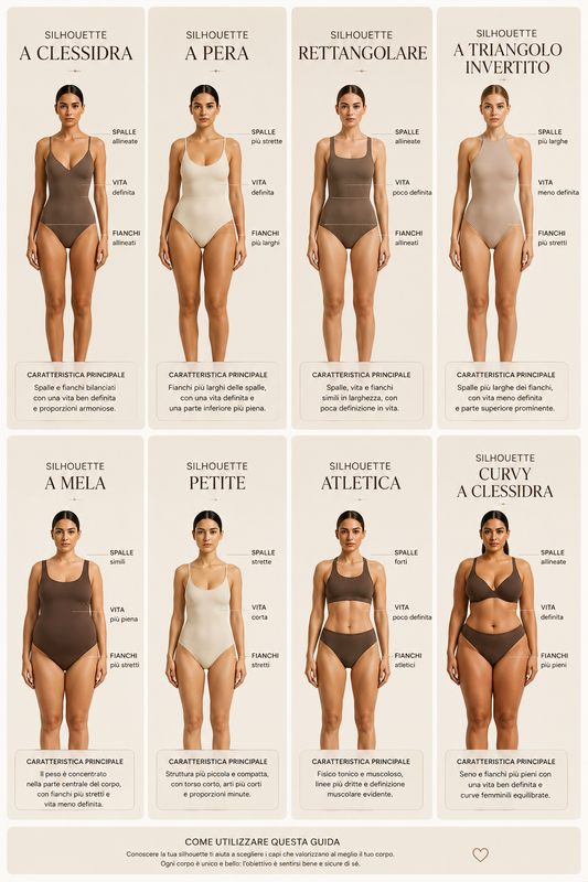 Es la versión italiana de la misma guía. Aquí el alt text:  **IT:** `Guida alle silhouette femminili: clessidra, pera, rettangolare, triangolo invertito, mela, petite, atletica e curvy clessidra — come scegliere il costume da bagno giusto.