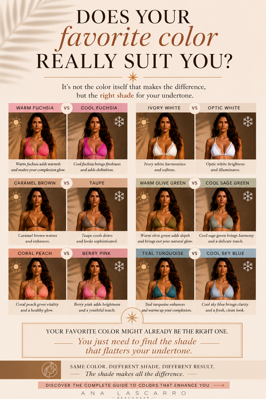 Does your favorite color really suit you? Infographic comparing warm and cool swimsuit shades by skin undertone — Ana Lascarro Beachwear color guide
