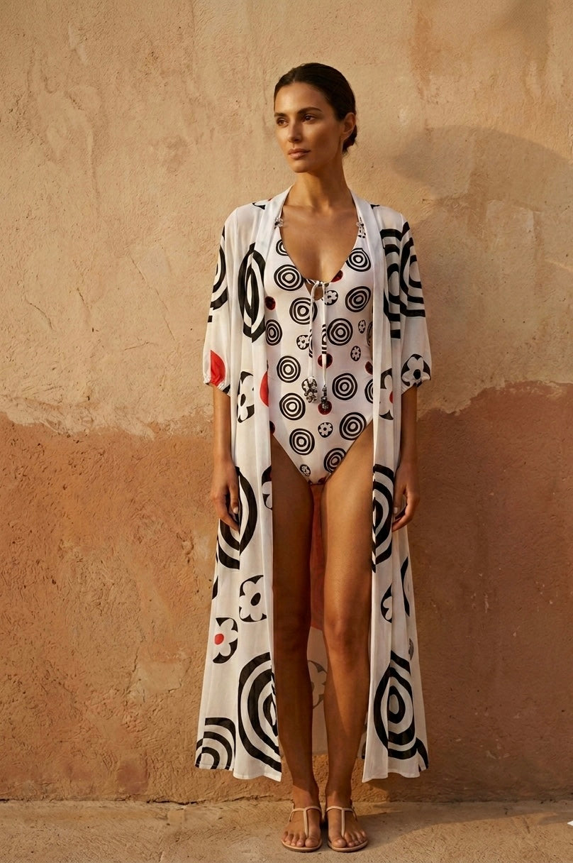 Ana lascarro kimono donna moda mare resortwear, fatto a mano made in Italia edizione limitada, fantasia Fondo blanco e mandalas ispirati in le murine della Venezia antico arte del vetro.