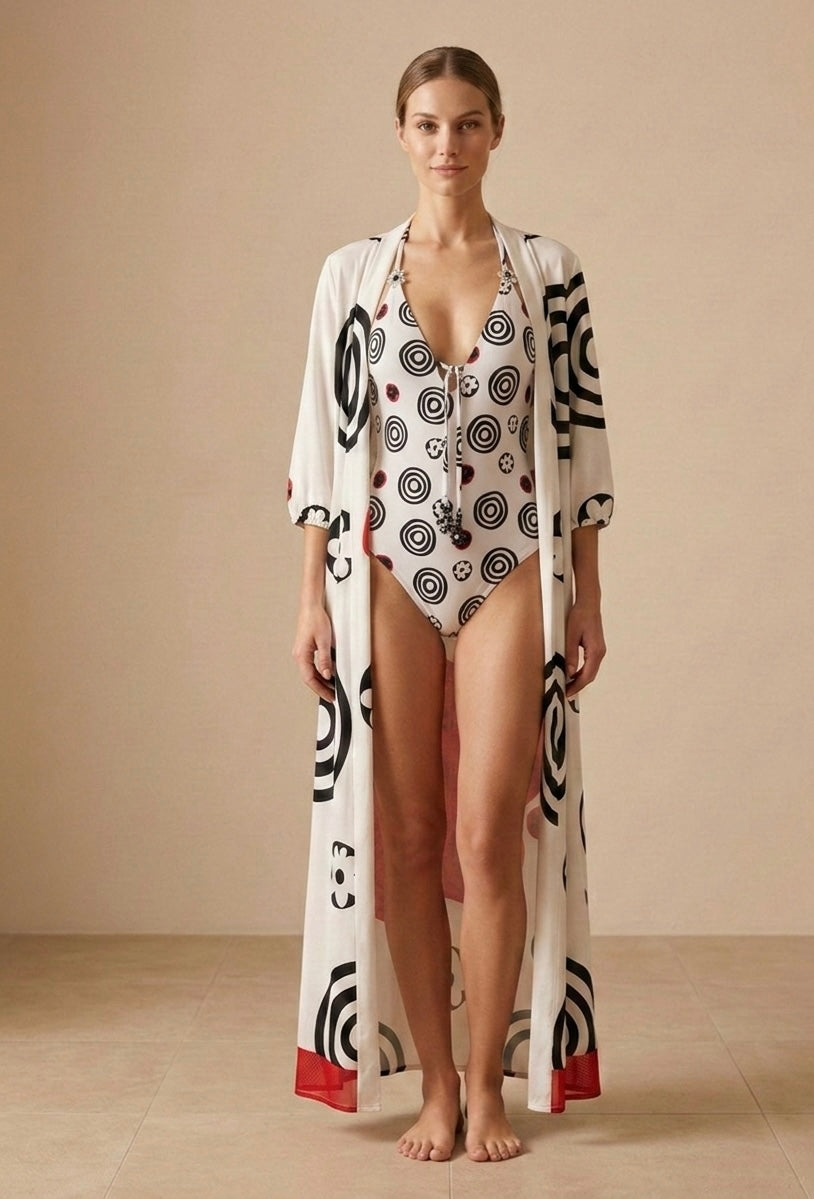 Ana lascarro kimono donna moda mare resortwear, fatto a mano made in Italia edizione limitada, fantasia Fondo blanco e mandalas ispirati in le murine della Venezia antico arte del vetro.