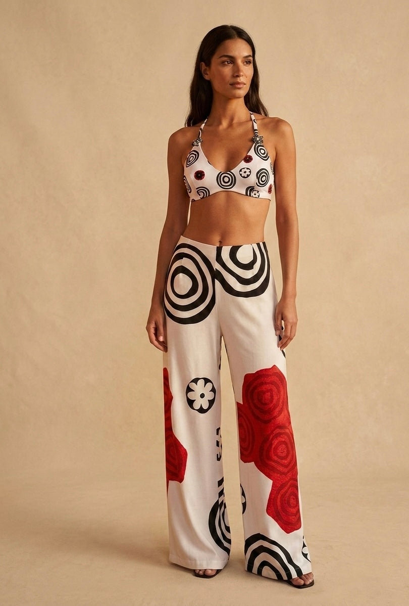 Murinas rossa pantaloni palazzo donna resortwear  fatto  a mano Made in Italy, Ana lascarro beachwear 
